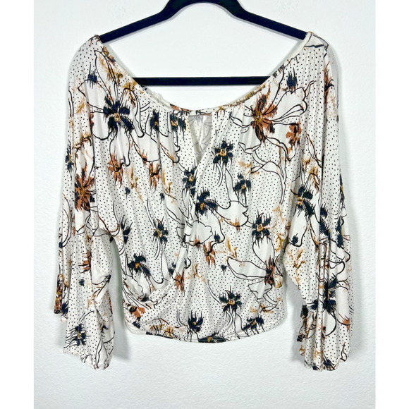 Free People MEDIUM Last Time FLORAL Printed Draped Bell-Sleeve BOHO Top  Ivory - Picture 2 of 8
